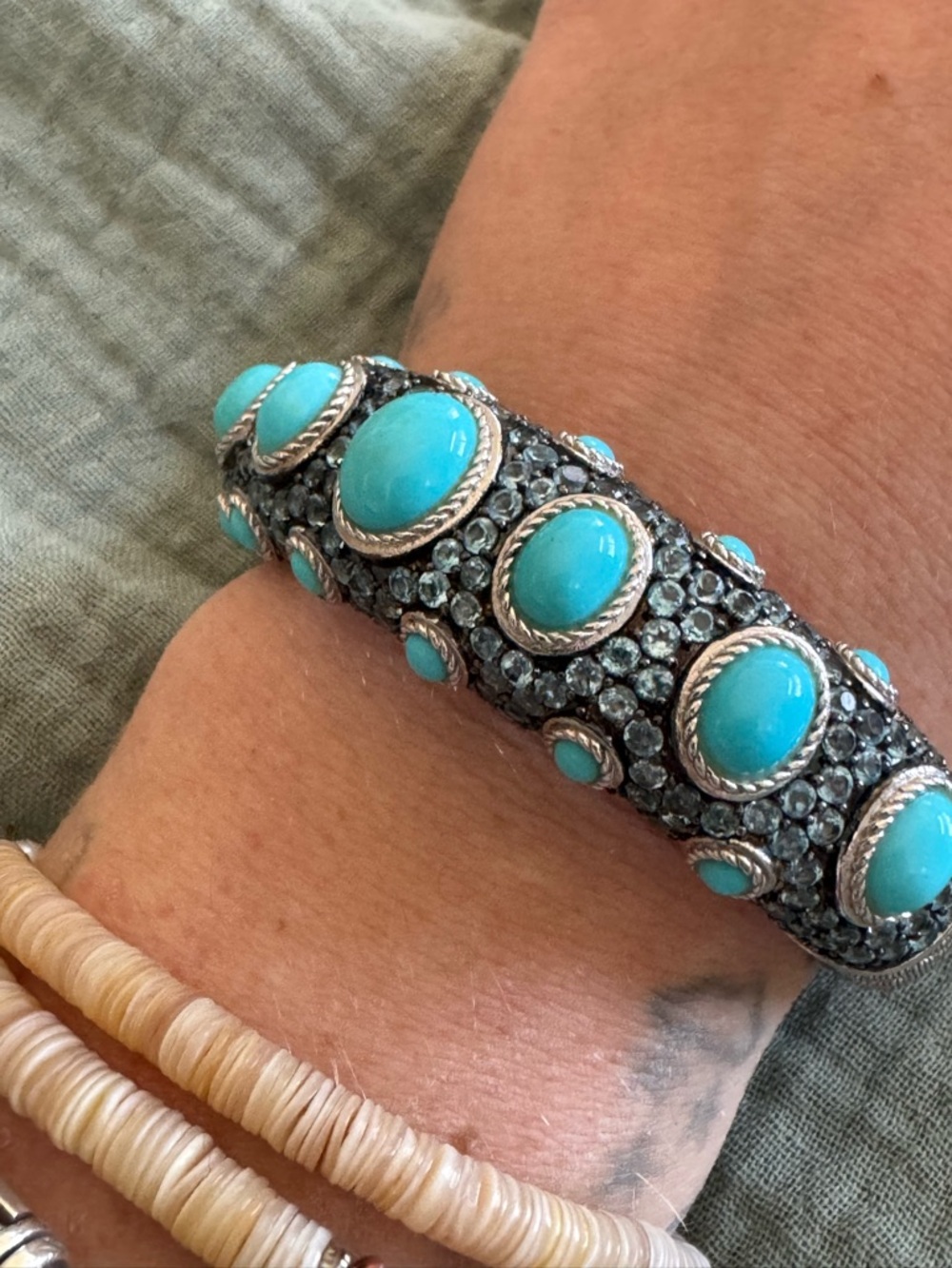 Judith Ripka Turquoise, blue topaz and Sterling silver Cabochon Cuff Bracelet - Picture 15 of 16